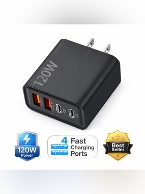 120W 4-Port Fast Charger USB-C & USB Wall Adapter (Black)